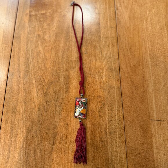 Asian Enamel Pendant on Red Rope Cord w. Tassel Long Necklace - Picture 2 of 9